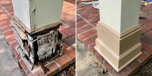 Before and after porch column base repair showing rotted wood replaced with new trim and painted to match on brick porch