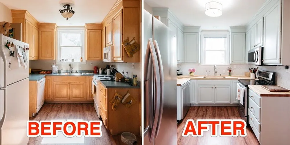 Before and after small kitchen remodel with oak cabinets painted sage green and new butcher block countertops in Bay Area home