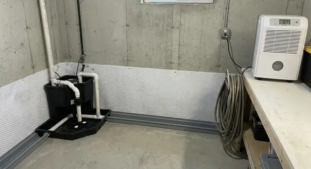 Basement wall with waterproofing membrane and sump pump system installed