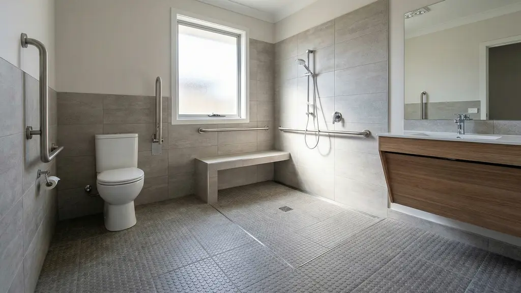 Accessible bathroom with grab bars, walk-in shower, and comfort-height toilet