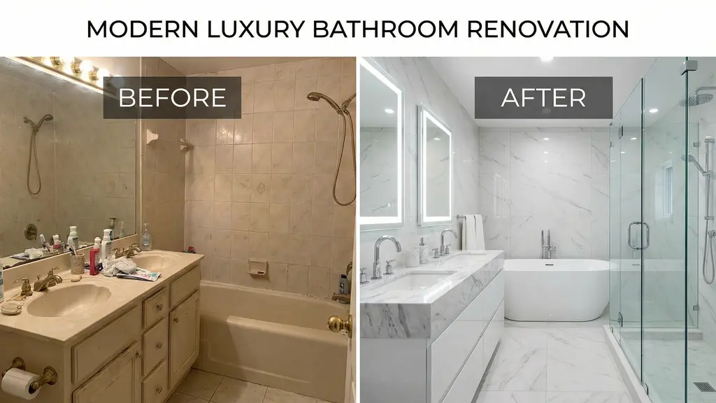 Newly remodeled bathroom with modern tile, new vanity, and glass shower enclosure