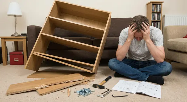 Frustrated homeowner looking at a crooked shelf installation that needs professional repair
