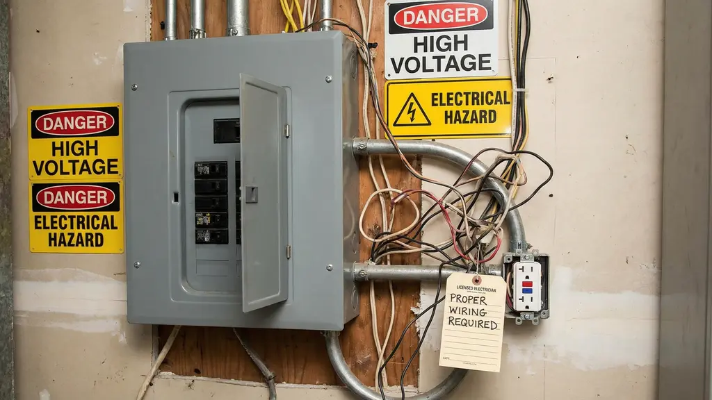 Electrician inspecting a residential electrical panel with a voltage tester