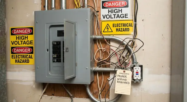 Electrician inspecting a residential electrical panel with a voltage tester