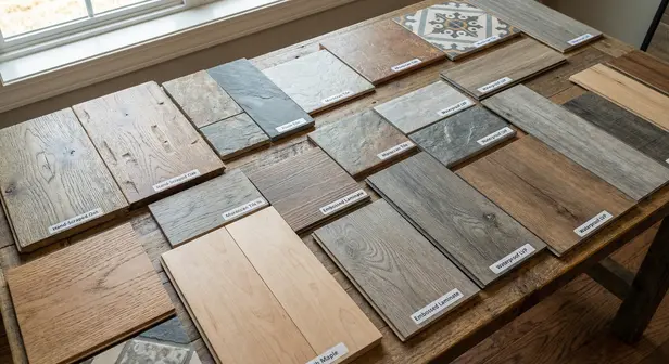 Side-by-side comparison of vinyl plank, laminate, hardwood, and tile flooring samples