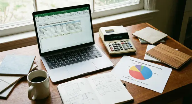 Notebook with home improvement budget spreadsheet, calculator, and paint samples on a desk