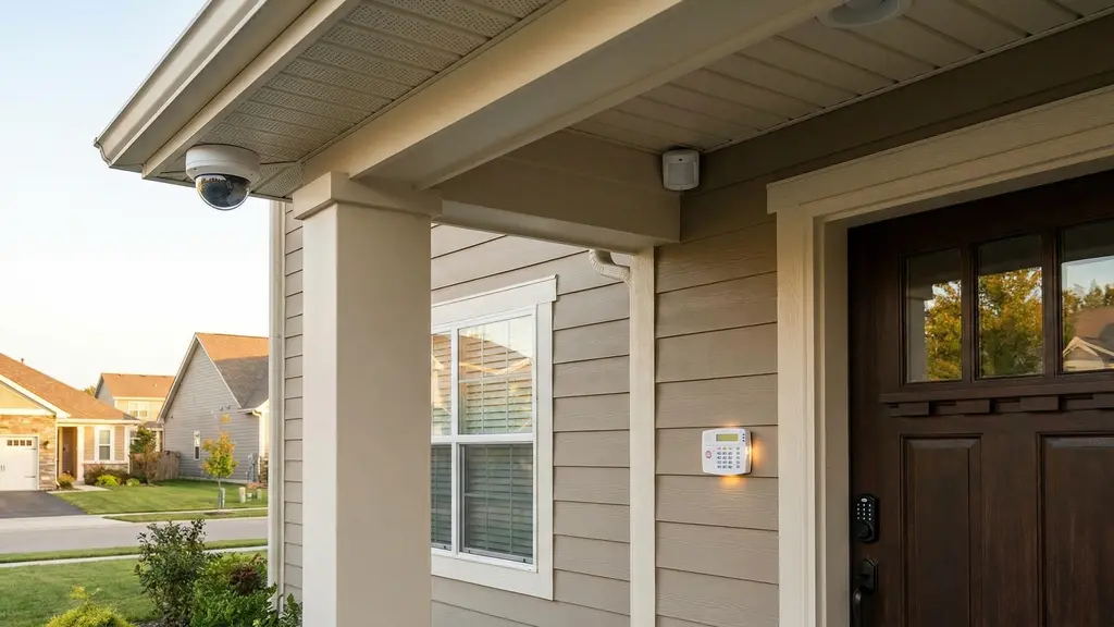 Home security camera and smart lock installed on the front door of a suburban home