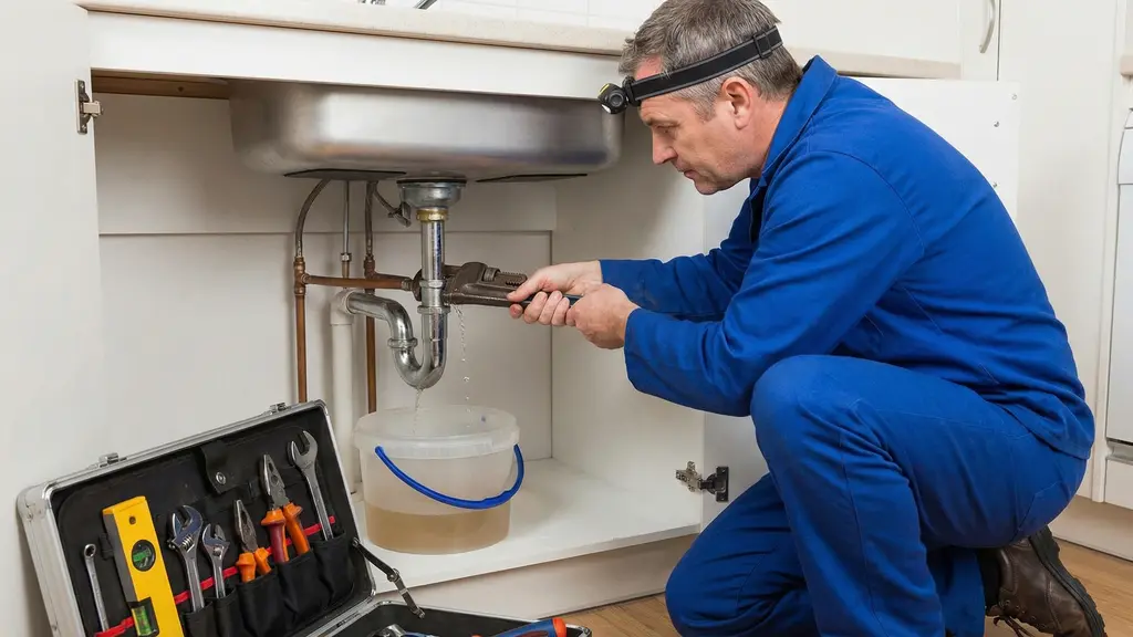 Close-up of a plumber repairing a leaking pipe under a bathroom sink
