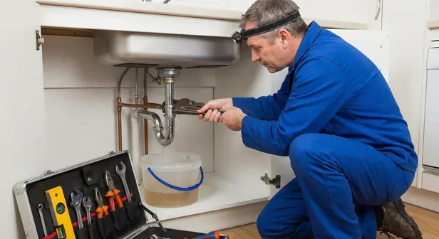 Close-up of a plumber repairing a leaking pipe under a bathroom sink