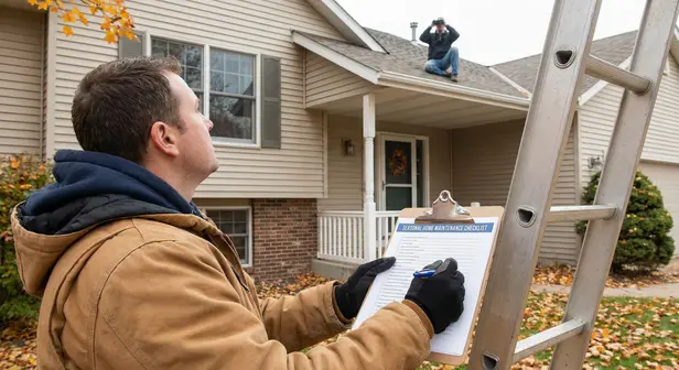 Homeowner inspecting rain gutters during spring maintenance on a suburban home