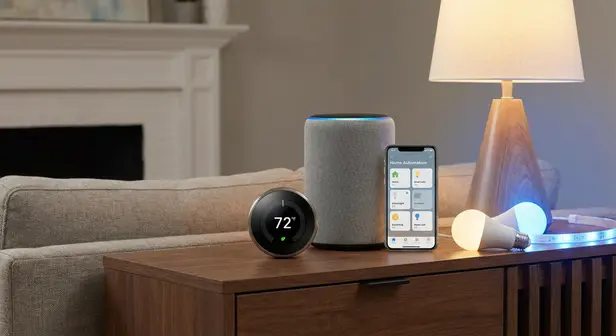 Smart home devices including a thermostat, security camera, and smart speaker on a living room shelf