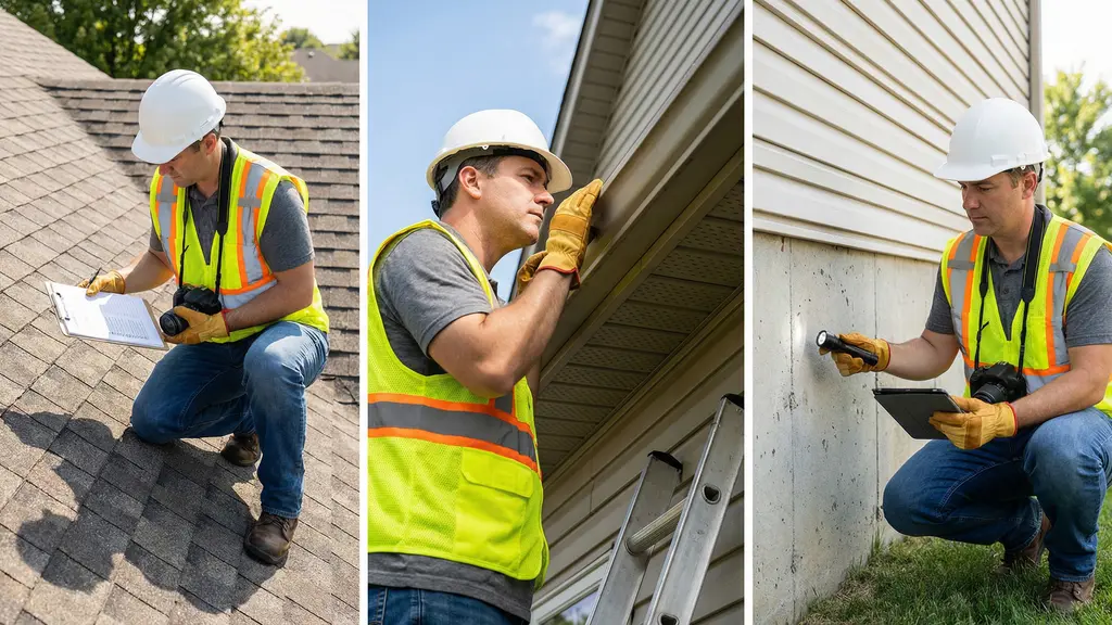 Homeowner checking the roof and exterior of a house during a spring inspection