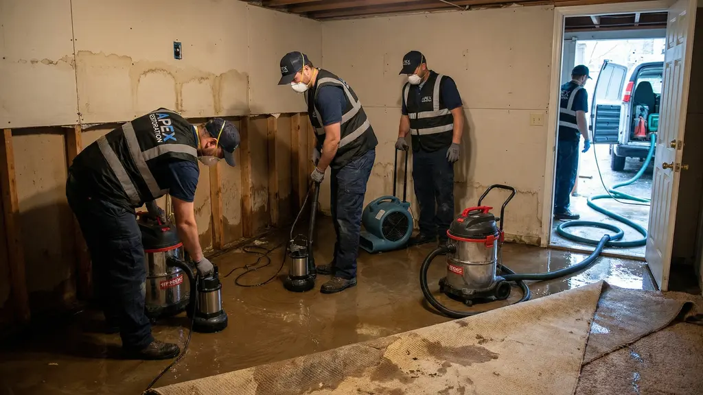 Water damage restoration crew using fans and dehumidifiers in a flooded living room